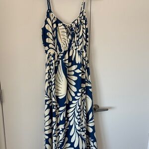 H&M Navy and Cream Leaf Print Midi Dress